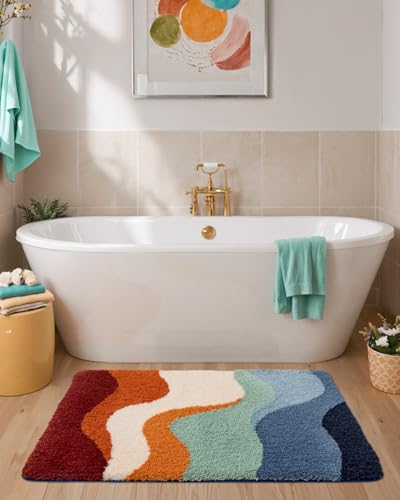 DEXI Bathroom Rug Washable, 32x20 Non Slip Bath Mat Absorbent, Soft Plush Microfiber Bathmat Quick Dry for Shower Floor, Colorful - color: Abstract Colorful, size: 32" X 20" (Rectangular)