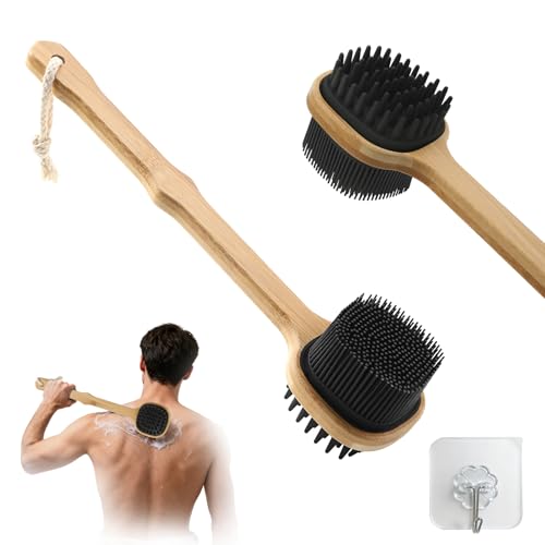 Silicone Back Scrubber for Shower, Stocking Stuffers for Men, Silicone Bath Body Brush Loofah with Long Handle, Dual-Sided Shower Brush for Body, Black Exfoliating Body Scrubber Back Washer with Hook - size: black-1pcs