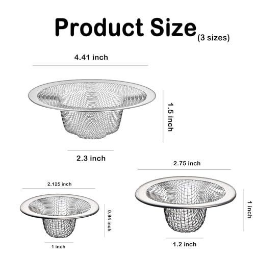 Bathroom Mesh Sink Drain Strainer Screen, 15PCS Drain Mesh Basket Cover Stainless Steel Slop Basket Filter Trap Tub Drain Screen Hair Catcher for Shower Utility Drain (2.125''&2.75"&4.41'') - size: 2.125'' & 2.75'' & 4.41'' (15 Pcs)