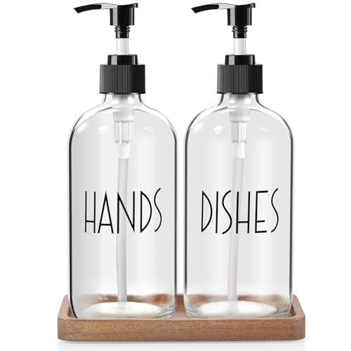 ALELION Glass Soap Dispenser with Pump - 16 OZ Clear Dish and Hand Soap Dispenser Set with Acacia Wood Tray for Kitchen Bathroom - Modern Liquid Pump Bottles - color: Clear