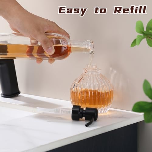 Round Soap Dispenser Bathroom with Black Pump, Glass Pump Bottle with Stainless Steel Pump Liquid Sphere Soap Dispenser Circular Countertop Kitchen - color: Black, size: 11oz-Round