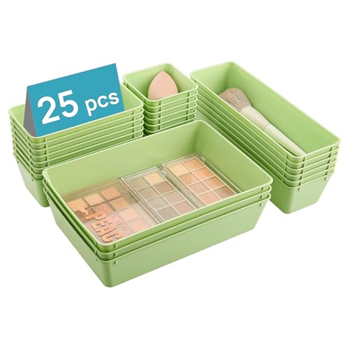 Vtopmart 25 PCS Plastic Drawer Organizers Set, 4-Size Versatile Bathroom and Vanity Drawer Organizer Trays, Storage Bins for Makeup, Bedroom, Kitchen Gadgets Utensils and Office, Light Green - color: Light Green