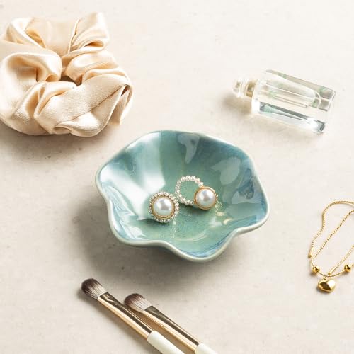 Ceramic Lotus Leaf Trinket Dish, Ring Holder for Jewelry | Keeps earrings, necklaces, keys, and keepsakes handy on vanities or nightstands, a sweet gift for moms, sisters, and friends - color: green