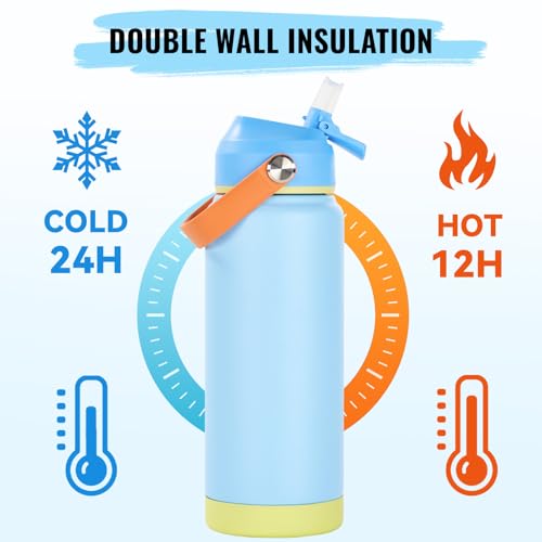 Fijinhom 24oz Insulated Stainless Steel Water Bottle, Wide Mouth Double Wall Vacuum, Silicone Straw, Sweat & Leak Proof, BPA Free Insulated Water Flask for Travel, Keep Cold 24h Hot 12h, Cerulean - color: Cerulean, size: 24 Ounces