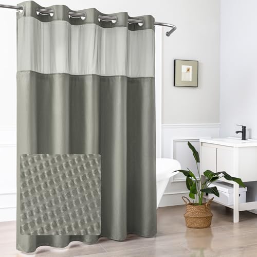 Mrs Awesome No Hook Shower Curtain with Snap-in LinerLess Time On/Off, Embossed Waffle-Look Textured Fabric Shower Curtain for Bathroom, Soft & Lightweight, 71x74, Gray - color: Grey, size: 71"W x 74"L (Pack of 1)