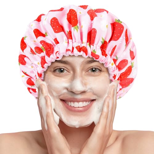 Shower Cap for Women Terry Lined Bath Cap Large Reusable Waterproof Elastic Band Pink Strawberry Shower Caps for Long Thick Hair Soft Bath Shower Hair Caps - color: Pink Strawberry Flowers