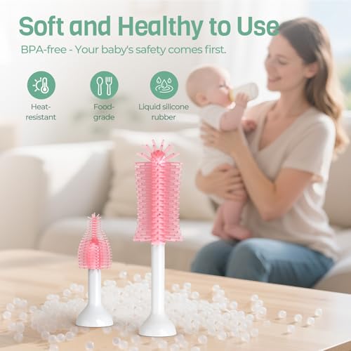SEANCHEER S02 Electric Bottle Brush Set, Portable Baby Bottle Brush Cleaner, AA Battery-Powered & IPX7 Waterproof, with Silicone Bottle/Nipple/Straw Brush, for Home & Travel (Pink) - color: White-pink