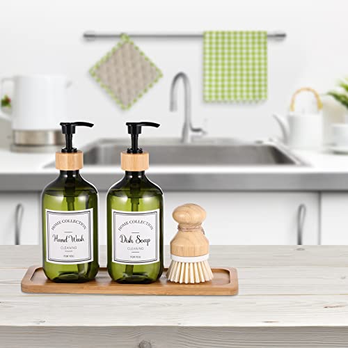 Zopeal 4 Pcs 16 oz Kitchen Soap Dispenser Set with Bamboo Tray and Dish Brush Plastic Soap Dispenser Set with Waterproof Labels for Hand Dish Lotion(Green) - color: Green