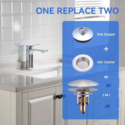 Bathroom Sink Drain Stopper, 2-in-1 Pop Up Sink Drain Stopper Strainer for 1.06"-1.65" Basin Drain Holes, Brass Bounce Core Sink Stopper with Anti-Clogging Hair Catcher - color: Chrome Silver(l)-1p