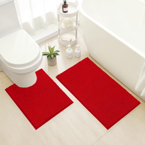 HOMEIDEAS Bathroom Rugs Set 2 Pieces, Ultra Soft Non Slip Absorbent Chenille Toilet Bath Mat Set (Red) - color: Red-red, size: 1'8" x 2'8" (U Shape 20"x24"+20"x32")