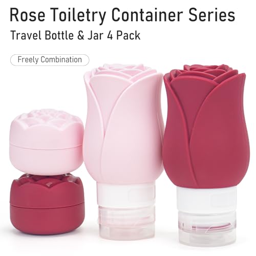 Travel Containers Bottle for Toiletry 4 Pack 3oz Leakproof TSA Approved & Refillable Mini Cream Jars, Silicone Squeeze Tube Rose Bottles for Shampoo Lotion Body Wash BPA Free +Bag, Red Pink Rose - color: Rose+Pink, size: 2 Bottles+ 2 Jars