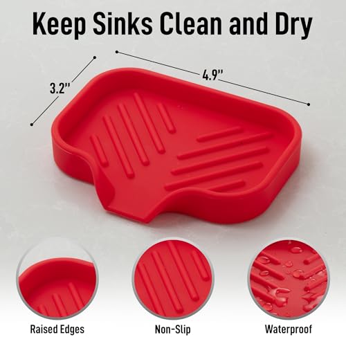 Zulay Kitchen Small Silicone Sponge Holder (4.9x3.3”) – Space-Saving Sink Organizer Tray for Sponge, Soap, Brush & More – Compact Non-Slip Dish for Kitchen & Bathroom (Red) - color: Red (Small), size: Small (4.9x3.3)