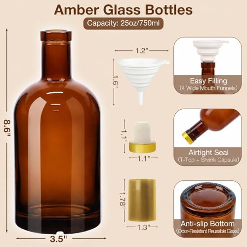 TBWIND 4 Pack 25oz/750ml Amber Glass Bottles with T-Top Corks | Airtight refillable brewing bottles. For mead, kombucha, limoncello, syrups & homemade drinks. Includes funnels & labels - color: 25oz/ 750ml, size: Amber
