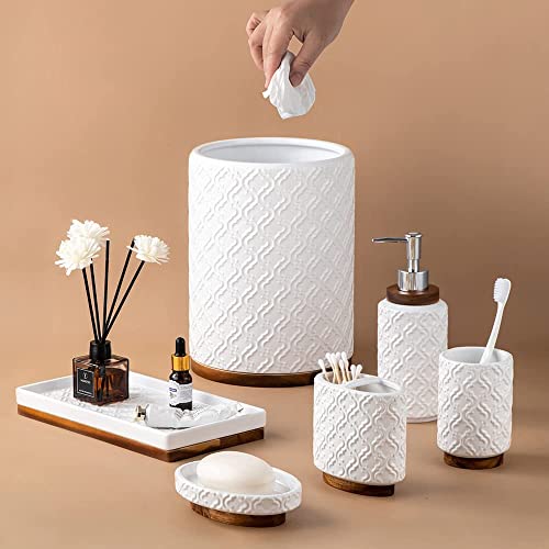 RQYIXI Elegant 6 PCS Ceramic&Wood Bathroom Accessories Set:Soap Dispenser,Toothbrush Holder,Tumbler,Soap Dish,Tray,Trash Can,Easy to Clean,Quatrefoil Pattern,White-Affordable Home Luxury - color: A-white Trash Can