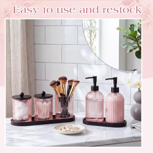 Yaomiao 5 Pack Bathroom Accessories Set, Modern Bathroom Decor Sets, Glass Liquid Soap Dispenser, Vanity Tray, Toothbrush Holder, Cotton Swab Jars with Lids for Sink Countertop(Pink,Striped) - color: Pink, style: Striped