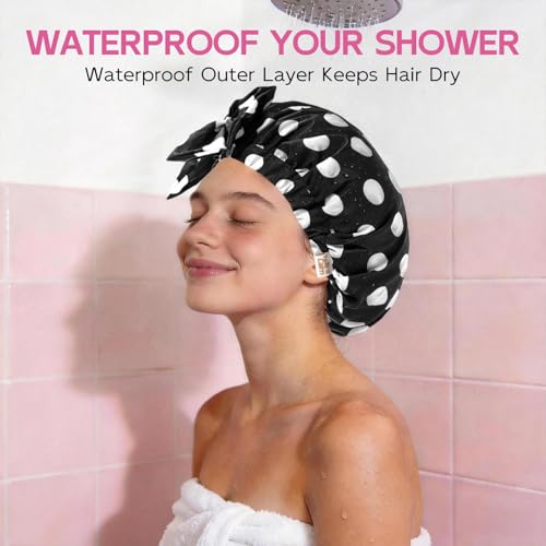 Years Calm Extra Large Shower Cap for Long Thick Hair – Waterproof Double Layer Bath Cap with Satin Lining, Secure Elastic Fit for Braids, Curls & Extensions - color: Black Polka Dots