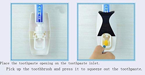 RC Auto Toothpaste Dispenser, Hands Free Toothpaste Squeezer Wall-Mount Toothbrush Holders Bathroom Organizer with 2 Hooks, Sticks & Cleaning Brush White