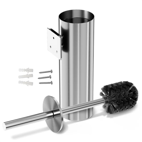 Silver Modern Toilet Brush and Holder Set with Wall Mount - Stainless Steel Toilet Brush with Holder - Removable Inner Bowl, Shiny Design, Splash Protection & Dense Bristles for Bathroom Cleaning - color: Silver Wall-mounted