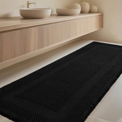 IM HOME Extra Large Waffle Bath Mat, Boho Bathroom Rugs Absorbent Non Slip, Soft Bathroom Mats, Machine Washable Knit Bath Rugs with Tassels for Bathroom, Bedroom, Kitchen, Shower, Tub, Black, 5'x2' - color: Black-looped, size: 2' x 5' (Runner)