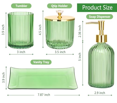 Haturi Bathroom Accessories Set, 4 Pcs Green Glass Bathroom Accessory Set Complete w/Lotion Soap Dispenser, Toothbrush Holder, Qtip Holder, Vanity Tray, Gold Bathroom Decor, Gift for Home Apartment - style: Light Green