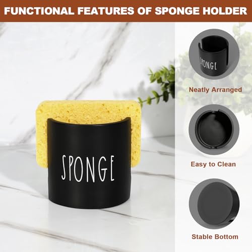 Hand and Dish Soap Dispenser Set, Kitchen Soap Dispenser Set with Sponge Holder, 16.9oz Amber Glass Dispenser, Waterproof Labels, Instant Dry Tray|Upgrade for Your Kitchen and Bathroom