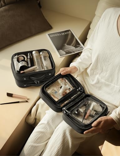 Clear Cosmetic Bag Double Layer Travel Toiletry Bag Clear Makeup Bag Case with 4 Compartments, Transparent Travel Bag for Toiletries, Large Toiletry Bag for Women Cosmetic Case (Black, Small) - color: Black, size: Small