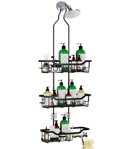 Adjustable Shower Caddy Hanging, Extended Length Organizer Over Shower Head, 3 Tier Long Neck Shower Rack with Soap Holder for Large Storage, Black - color: Black - 3 Tier - Standard