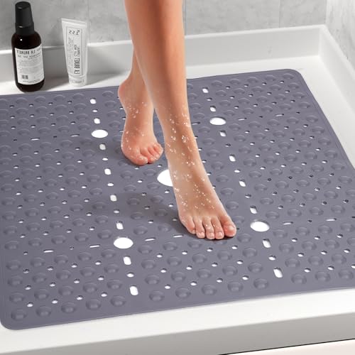 Large Square Shower Mat 27 x 27 Inch Gray, Non Slip Shower Bathtub Mats for Inside Shower with Big Suction Cups Drain Holes, Anti Slip Bathroom Floor Shower Stall Mats, Easy Clean, BPA-Free - color: Grey