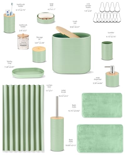 IMAVO Green Bathroom Set,26Pcs Bathroom Accessories Set with Waffle Shower Curtain,Rugs,Trash Can,Tray,Soap Dispenser,Soap Dish,Toothbrush Holder,Toothbrush Cup,Toilet Brush Holder and Qtip Holders - color: Green, size: 26 PCS Bathroom Set+Waffle Shower C