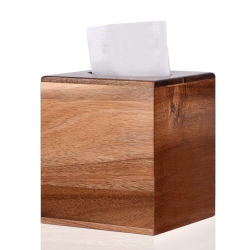 Tissue Box Cover Square, Acacia Wood Tissue Box Holder with Slide-Out Bottom, Wooden Tissue Box Cover Cube for Bathroom, Bedroom, Dinner Table, Office,Kitchen