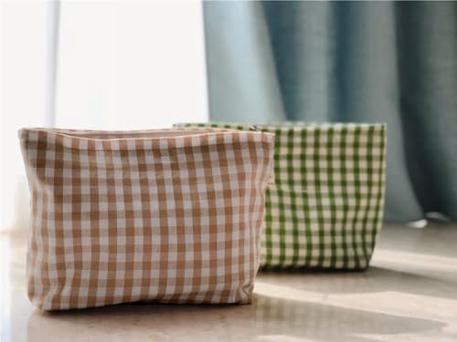 HAPPYHEIDI Khaki Gingham Cotton Makeup Bag Cosmetic Travel Pouch with Bottom, Make Up Purse Organizer, Zipper Closure, Canvas Lined… - color: SX427 Khaki Gingham Cotton