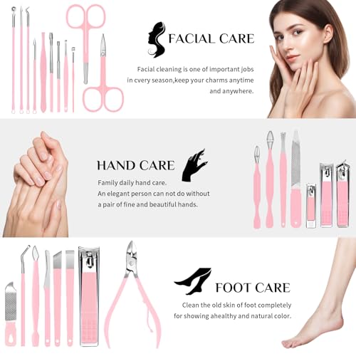 MINKINH 26-Piece Professional Manicure Set，Features Stainless Steel Tools, Carbon Steel Clippers & Travel Case for Women's Home and Travel Grooming(Pink) - color: Pink