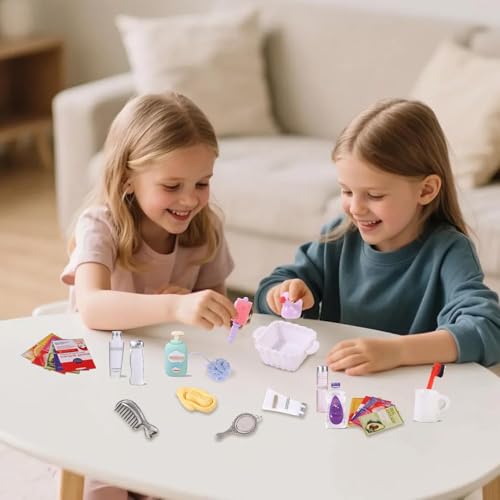 DIYDEC 75Pcs Dollhouse Mini Jewelry Storage Case Miniature Bathroom Accessories Figurines with Makeup Set Towel Cosmetic Toothbrush Shampoo Perfume Hair Dryer Comb Purse Doll Backpack Micro Scene - color: Dollhouse Makeup Set