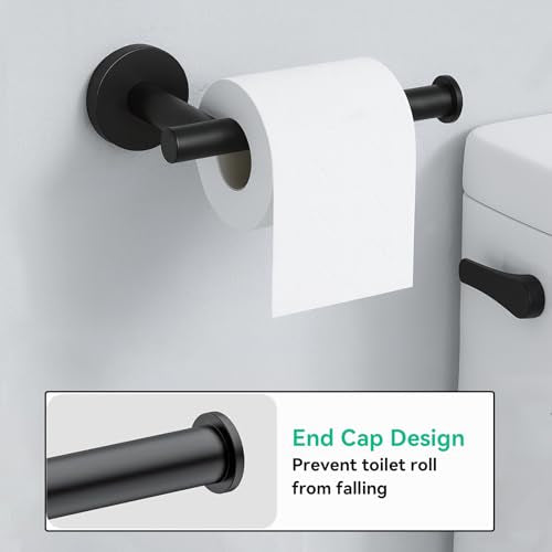 Matte Black Bathroom Hardware Set 6-Piece, SUS304 Stainless Steel Bath Accessories Kit, Includes 24" & 16" Towel Bars, Toilet Paper Holder, Towel Ring, 2 Robe Hooks, Wall Mounted Round Style