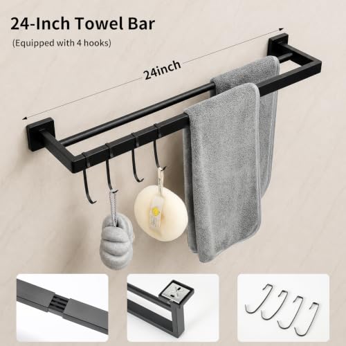 Matte Black 9 Piece Bathroom Hardware Set, 304 Stainless Steel Towel Bar Set with Double Towel Bar, Toilet Paper Holder, Wall Mounted Heavy Duty Rustproof Accessories for Bathroom Kitchen - color: B-24 Matte Black