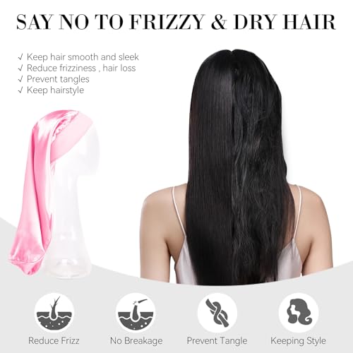 Braid Bonnet-Mesh Hair Nets for Sleeping Set Long Hair Bonnet Satin Reusable Elastic Mesh Wrap Cap for Curly, Braids Hair Anti Frizz 2 Piece Set(black net, pink bonnet) - color: Black Net, Pink Bonnet