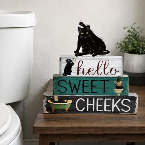 Cinnvoice 4 Pcs Black Cat Bathroom Decor Farmhouse Bathroom Decoration Hello Sweet Cheeks Table Centerpiece Gift for Christmas Valentines Back to School - style: Black Cat Hello Sweet Cheeks