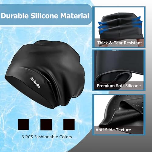 3 Pack Extra Large Swim Cap for Braids & Dreadlocks - Waterproof Silicone Swim Hat for Women with Long Thick Hair, Protective Swim Cap Cover Ears for Swimming, Shower, Bathing - color: Black+Black+Black