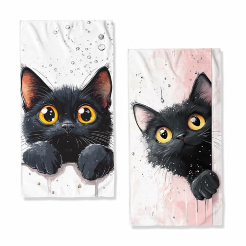 Cute Cat Hand Towels Bathroom Set of 2 Absorbent Pet Animal Cartoon Black Cat Bathroom Kitchen Towels Set of 2 Lightweight Breathable Face Towels for Bathroom Gifts for Women Man 14"x28" - color: Cute Cat