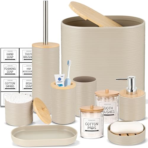 IMAVO Bathroom Accessory Set-11Pcs Beige Bathroom Accessories Set with Trash Can,Soap Dispenser,Soap Dish,Toothbrush Holder,Toothbrush Cup,Toilet Brush Holder,Qtip Holder Dispenser with Labels - color: Apricot, size: 11 PCS Bathroom Set