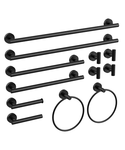 12 Pcs Matte Black Bathroom Accessories Set, HOMEMYSTIQUE SUS304 Stainless Steel Bathroom Hardware Set, Bath Towel Bar Set, Toilet Paper Holders, Towel Rings Racks, Robe Towel Hooks - color: Matte Black, size: 12 Pieces