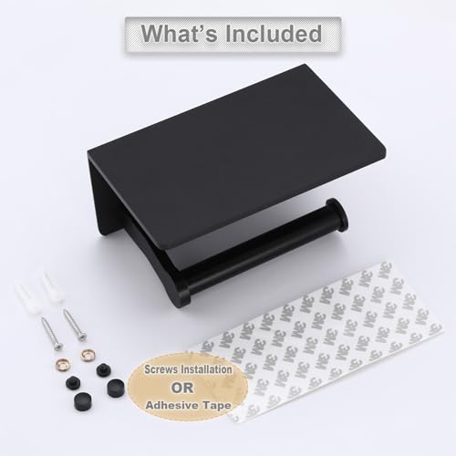 Toilet Paper Holder with Cell PhoneShelf - Toilet Tissue Holder with Wipes Storage, Wall Mounted by Adhesive Tape or Screw - Matte Black - color: Black-1 Roll