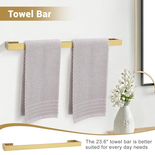 Brushed Gold Bathroom Hardware Set, 4-Piece Bath Towel Bar Set SUS304 Stainless Steel Towel Rack Set for Bathroom, 23.6 inches Bathroom Towel Holder Set Wall Mounted - color: Brushed Gold, size: Set A