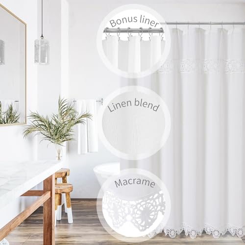 Gibelle Boho Farmhouse Shower Curtain Set with Liner, Linen Bohemian French Country Bathroom Curtain 72x72 - White - color: White-liner Set, size: 72"W x 72"L (Pack of 1)