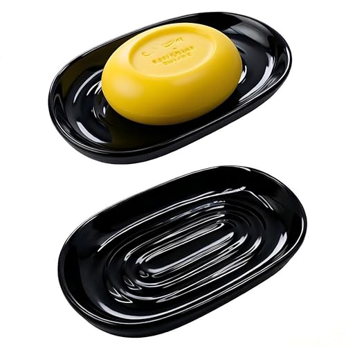 Ceramic Marble Pattern Soap Dish, Textured Raised Soap Saver Tray for Shower Bathroom Kitchen Sink Vanity, Easy to Clean Multi-Use Holder for Bar Soap Jewelry Rings Keys, Black (1 Pack) - color: Black