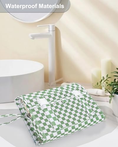 Relavel Travel Hanging Toiletry Bag for Women, Large Capacity Wash Bag with 360 degree Rotation Hanging Hook, Portable Toiletries Makeup Organizer Storage for Daily Use, Trip, Camping - Green Plaid - color: 02 Checkboard Green, size: Large