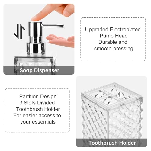 Bathroom Accessories Set 2 PCS, White Bathroom Accessories Include Soap Dispenser and Toothbrush Holder, Diamond Pattern Bathroom Set for Boho Bathroom Decor - color: White