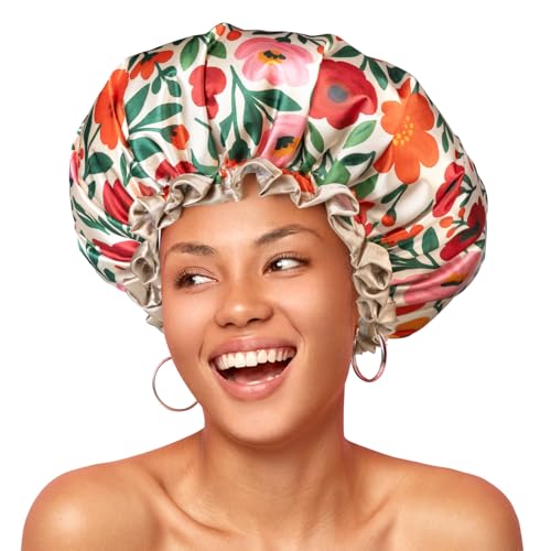 mikimini Shower Cap for Women Reusable Waterproof, Large Hair Cap with Adjustable Elastic Band and Vibrant Floral Print, XL Bath Cap for Long Hair & Short Hair, Medium - color: Spring Floral, size: Medium (Pack of 1)