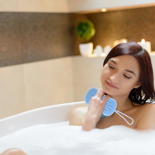 Silicone Bathing Brush 2pcs Set Double-Sided Body Scrubber Gloves Blue for Adults Bathroom Massage and Deep Cleaning Bath Accessories