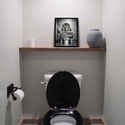 Urmoya Black and White Funny Majesty Lion Bathroom Wall Art, Animal Picture Bathroom Canvas Wall Decor, Majesty Lion on Toilet Reading Newspaper Modern Humor Painting Art Prints 8x10 Inch Wood Framed - color: Lion, size: 10"L x 8"W